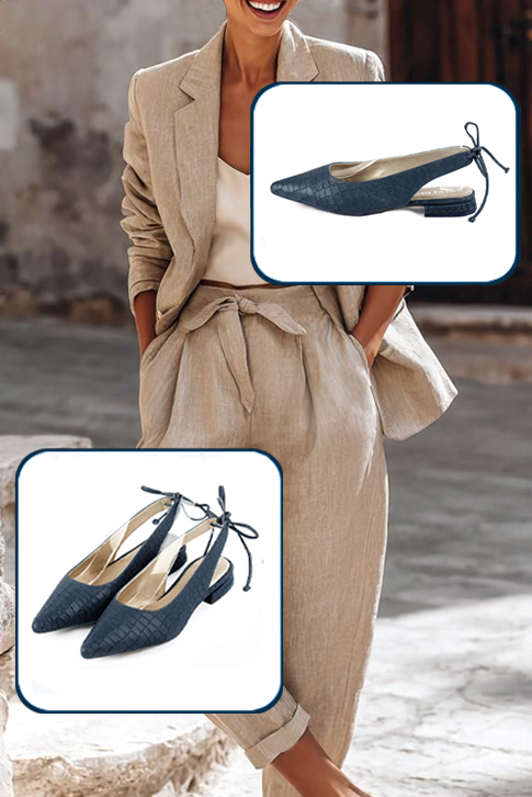 Dress slingback heels in denim blue leather with flat flare heels and pointed toe - Worn view